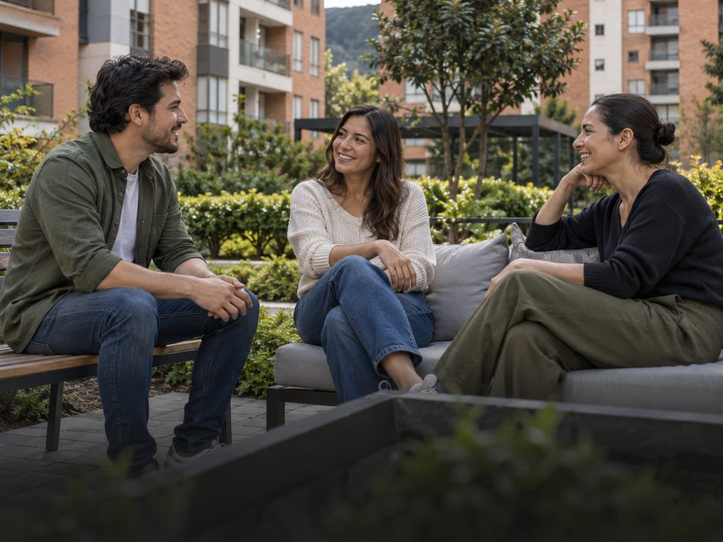 Ilustración fotográfica de vecinos conversando en una zona común residencial